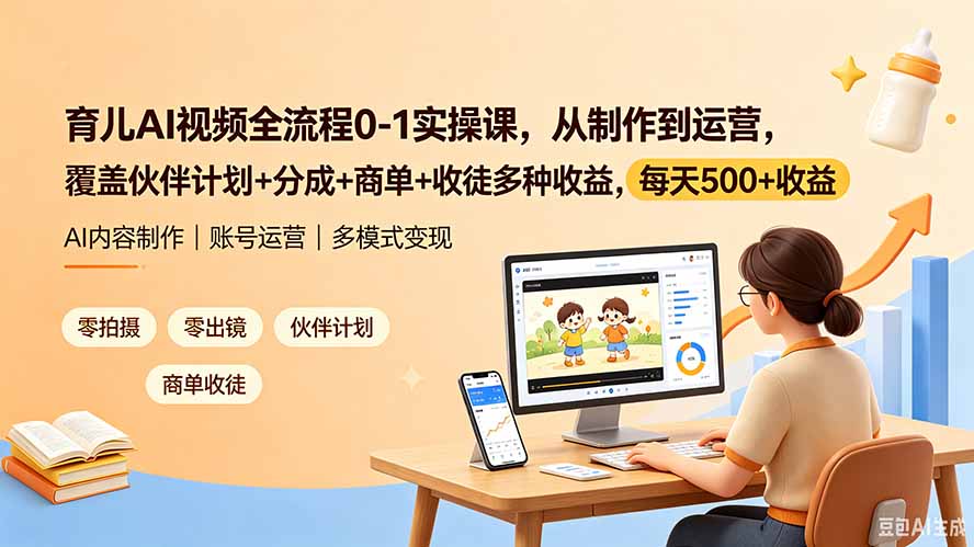 育儿AI视频全流程0-1实操课，从制作到运营，覆盖伙伴计划+分成+商单+收徒多种收益，每天500+收益 - 觅资源