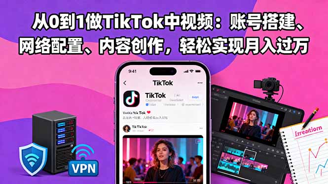从0到1做TikTok中视频：账号搭建、网络配置、内容创作，轻松实现月入过万|YX网创