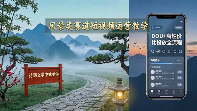 风景类赛道短视频运营教学：诗词文学中式美学，新号养号对标账号定位，DOU+高性价比投放全流程 - 觅资源