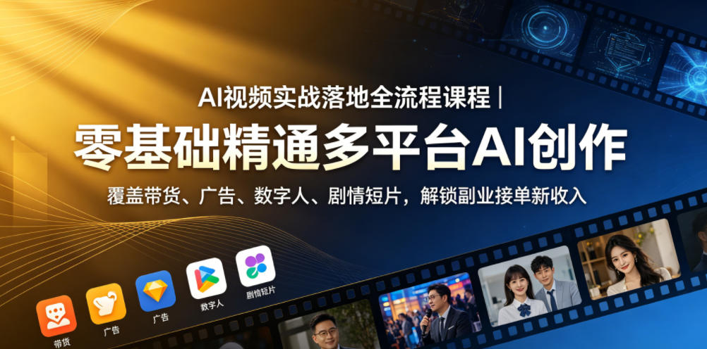 AI视频实战落地全流程课程｜零基础精通多平台AI创作，覆盖带货、广告、数字人、剧情短片，解锁副业接单新收入 - 觅资源