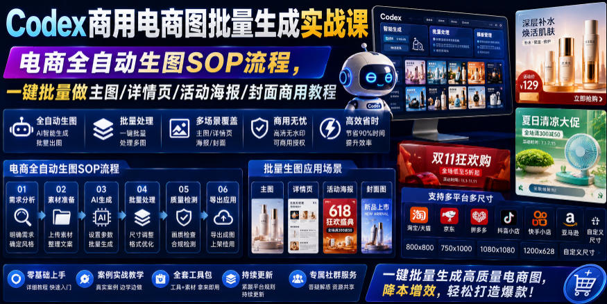 Codex商用电商图批量生成实战课｜电商全自动生图SOP流程，一键批量做主图/详情页/活动海报/封面商用教程 - 觅资源