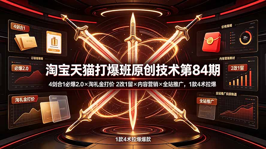 淘宝天猫打爆班原创技术第84期：4剑合1必爆2.0×淘礼金打价×2改1留×内容营销×全站推广，1款4术拉爆 - 觅资源