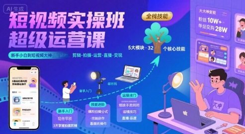 短视频实操班超级运营课，新手小白到短视频大神必修课程，剪辑-拍摄-运营-直播-变现|YX网创
