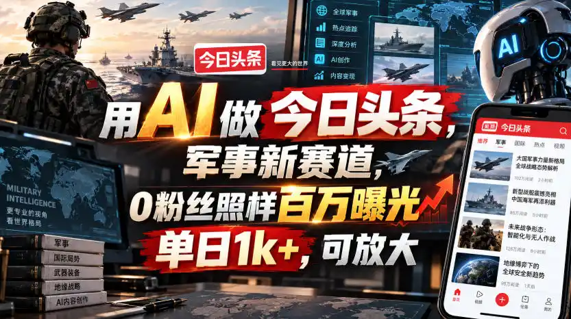 用AI做今日头条,军事新赛道,0粉丝照样百万曝光,单日1k+,可放大