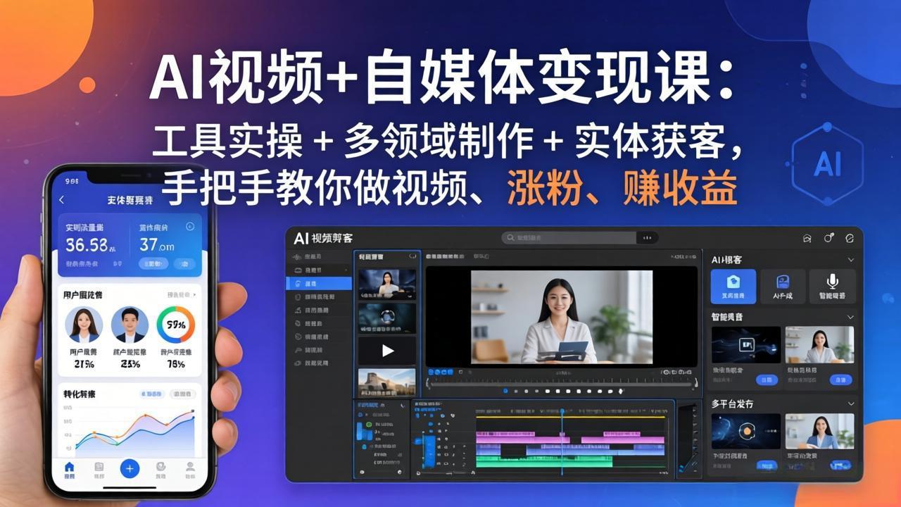 AI视频+自媒体变现课：工具实操 + 多领域制作 + 实体获客，手把手教你做视频、涨粉、赚收益 - 觅资源
