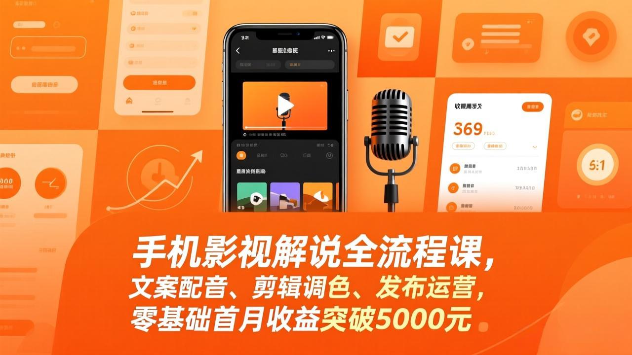 手机影视解说全流程课，文案配音、剪辑调色、发布运营，零基础首月收益突破5000元|中创学习社