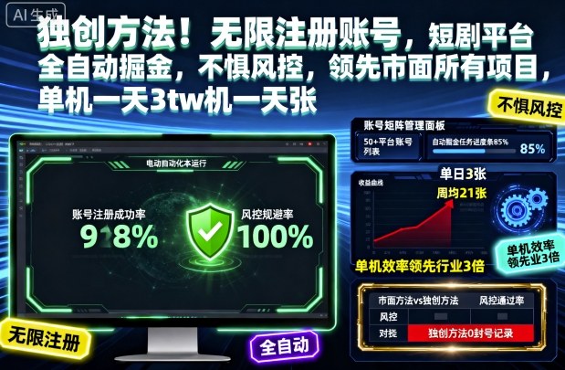 独创方法！无限注册账号，短剧平台全自动掘金，不惧风控，领先市面所有项目，单机一天3张【揭秘】|YX网创