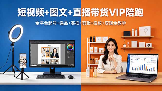 短视频+图文+直播带货VIP陪跑，全平台起号+选品+实拍+剪辑+投放+变现全教学 - 觅资源