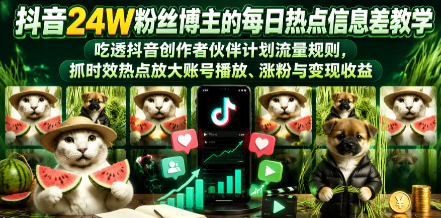 抖音24W粉丝博主的每日热点信息差教学，吃透创作者伙伴计划流量规则，抓时效热点放大账号播放、涨粉与变现收益 - 觅资源